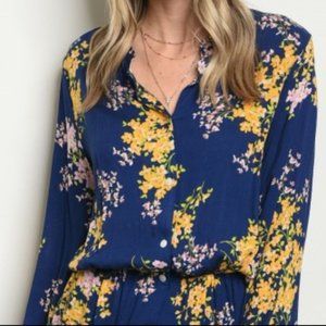 NWOT Navy & Yellow Floral Cinched Top